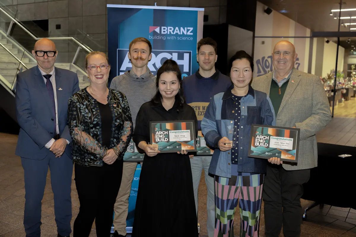 The winning team with judges and BRANZ representatives at the ArchEngBuild 2026 prizegiving at Christchurch Art Gallery Te Puna o Waiwhetū