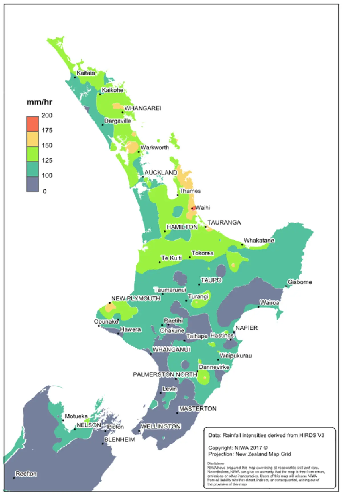 a diagram of the North Island of New Zealand featuring rainfall intensities