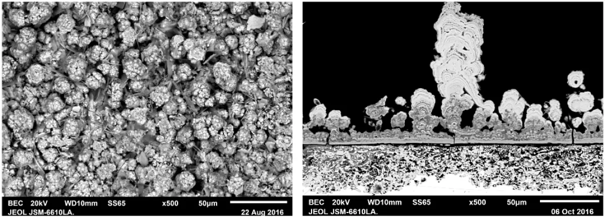 Two microscopic images of corroded copper in a geothermal area