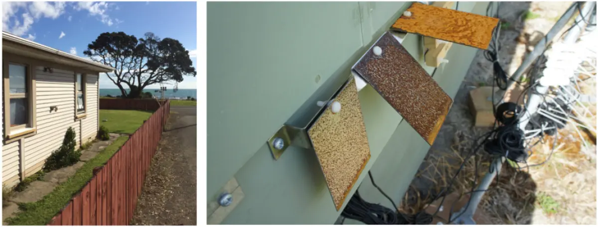 Two photos one of them is of a house's exterior and the other is testing material on the outside of said house