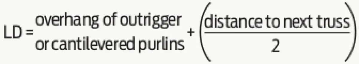 An image of an equation stating LD is equal to overhang of outrigger or cantilevered purlins plus open bracket distance to next truss divided by two closed bracket