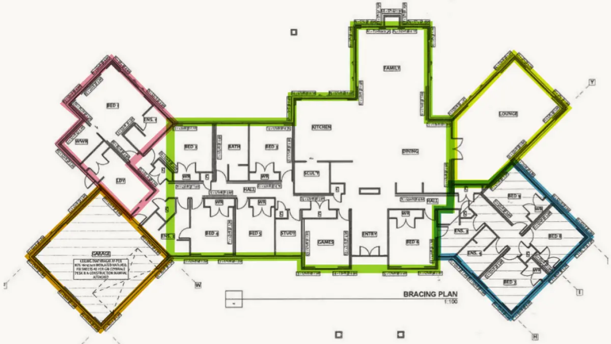 A floorplan of a large house with areas separated into coloured segments