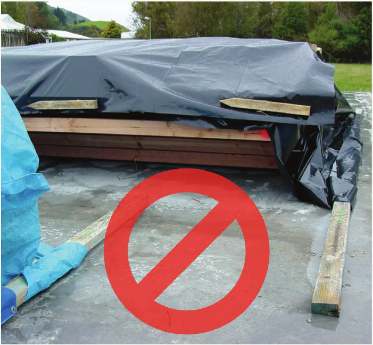 Image of framing on top of a curing slap with a red crossed out circle