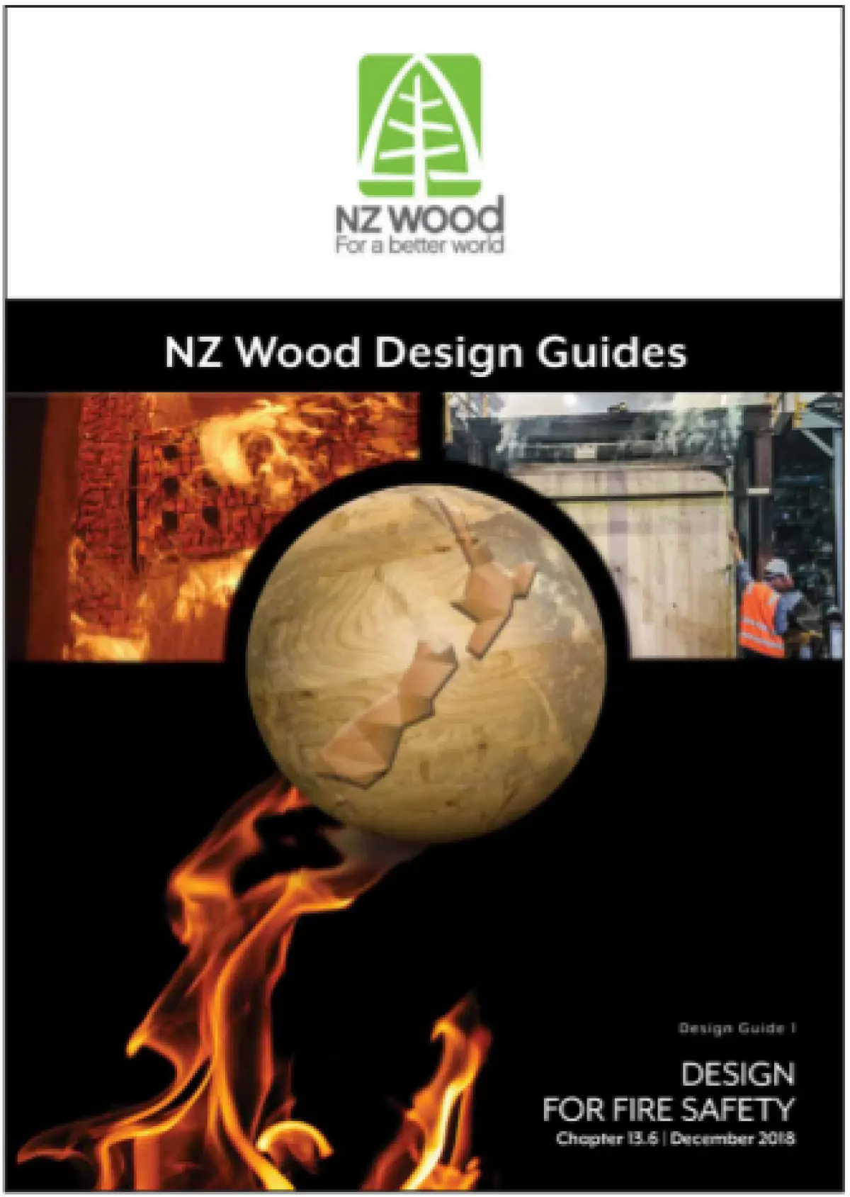Cover graphic for an NZ Wood Design Guides publication, featuring flames, timber imagery, and the title ‘Design for Fire Safety’