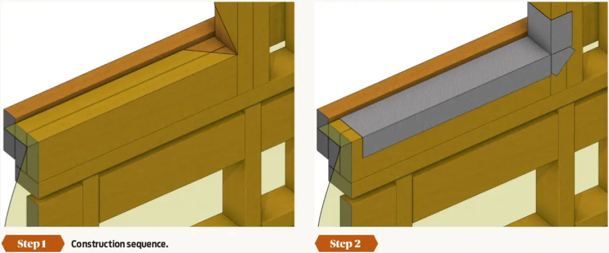 A diagram of steps 1 to 2 on how to connect a slatted timber deck to a building with a suspended timber floor and an aluminium sliding door opening onto the deck