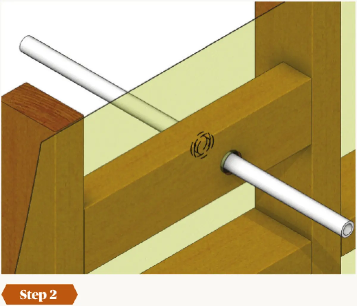 Diagram showing a horizontal timber member with a round hole drilled through it, and a pipe passing through the hole between vertical framing members