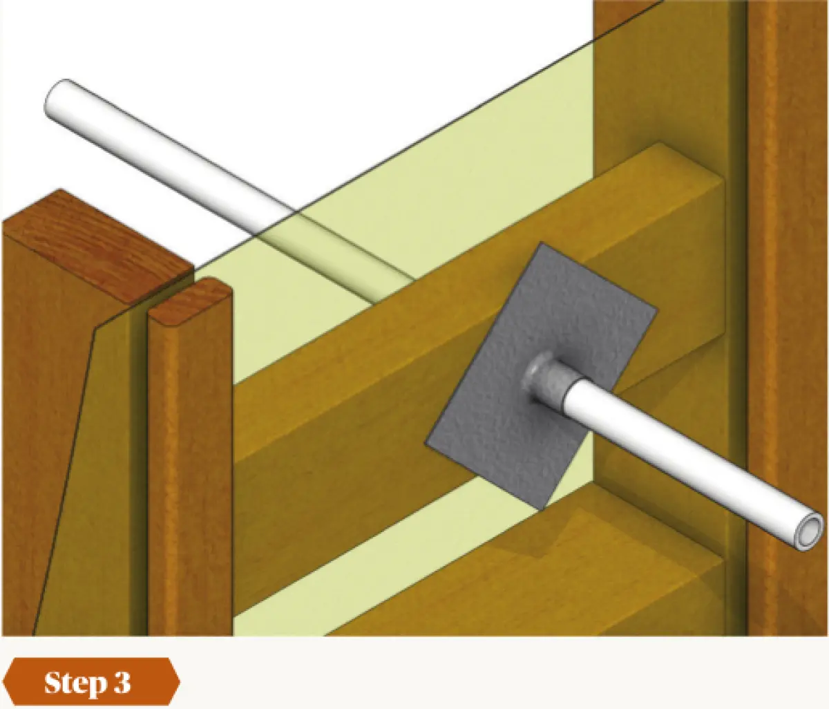 Diagram showing a pipe passing through a horizontal timber member, with a square sealing patch fitted around the pipe on one face of the timber between vertical framing members