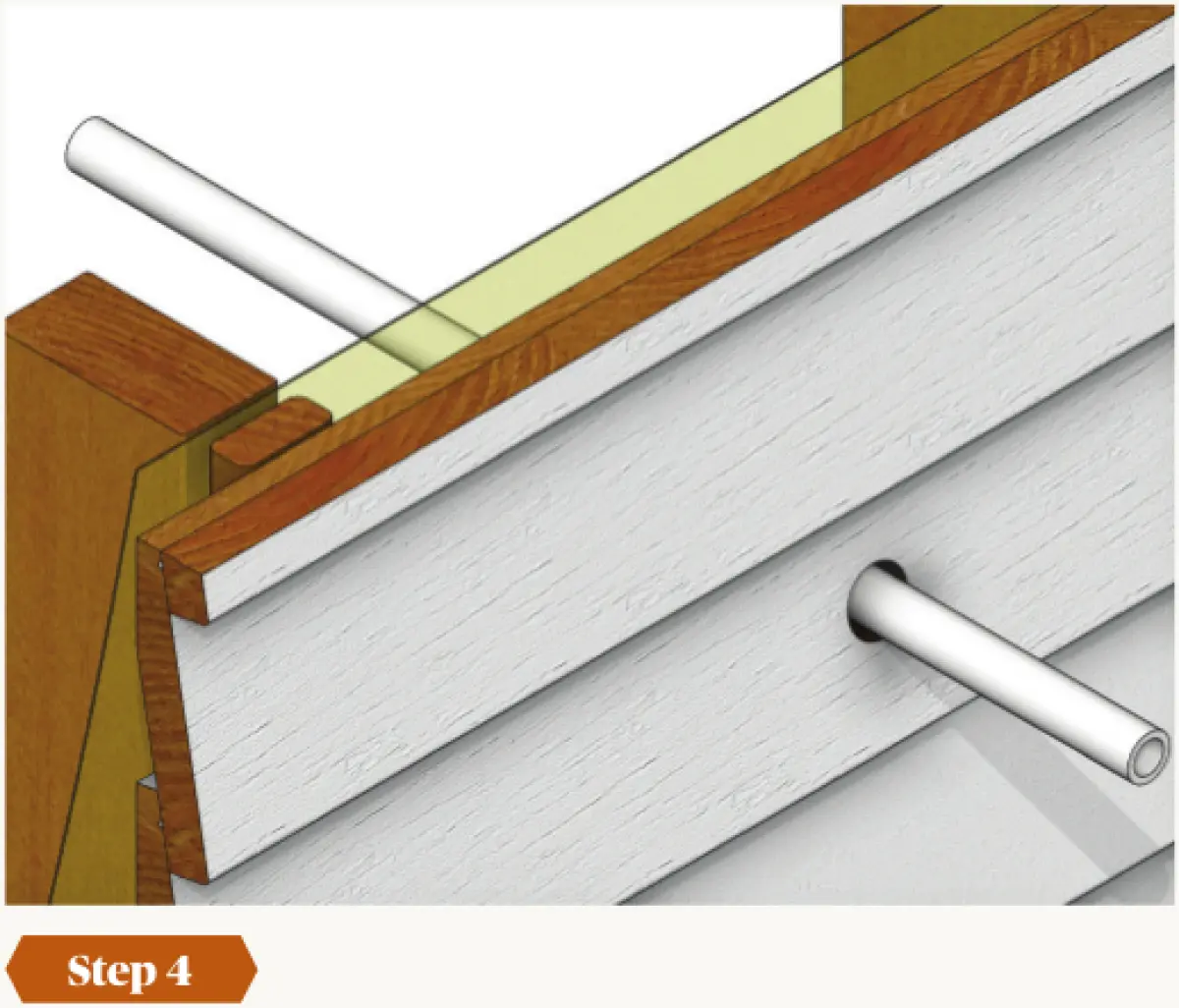 Diagram showing wall cladding fixed over timber framing, with a pipe passing through the cladding and extending through the wall