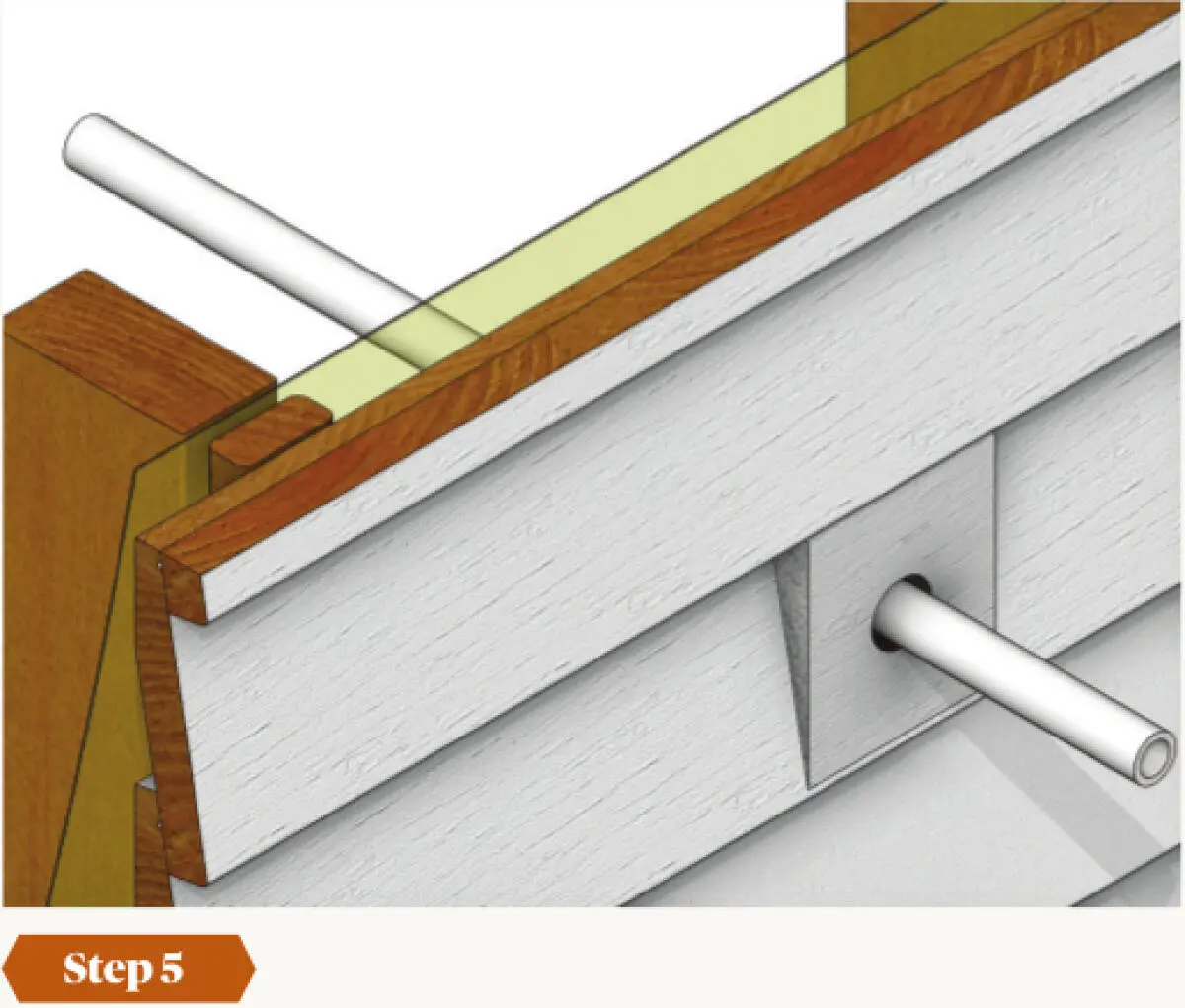 Diagram showing wall cladding installed over timber framing, with a pipe passing through the cladding and a small rectangular cover fitted around the pipe