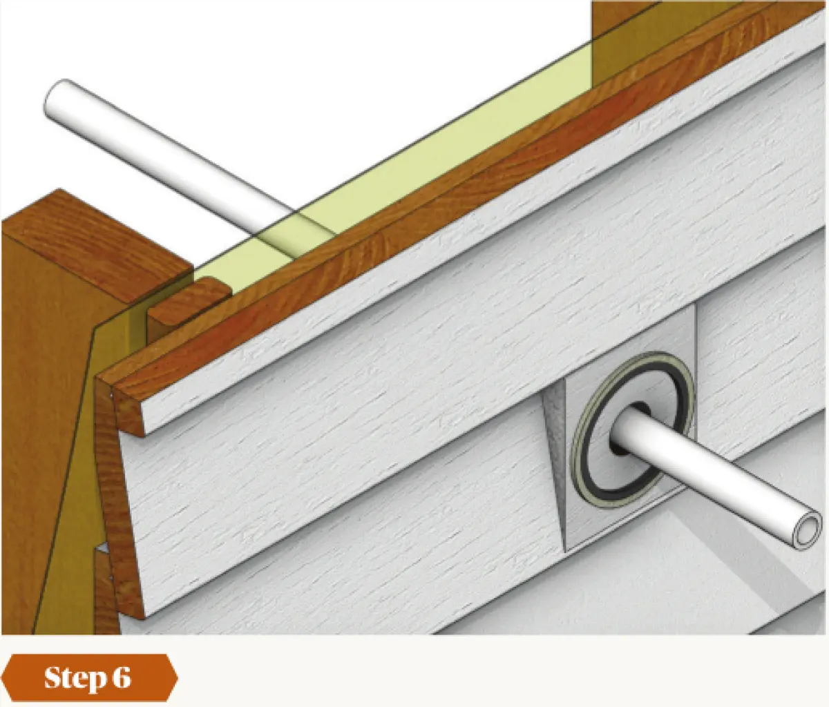 Diagram showing wall cladding installed over timber framing, with a pipe passing through the cladding and a circular cover fitted around the penetration