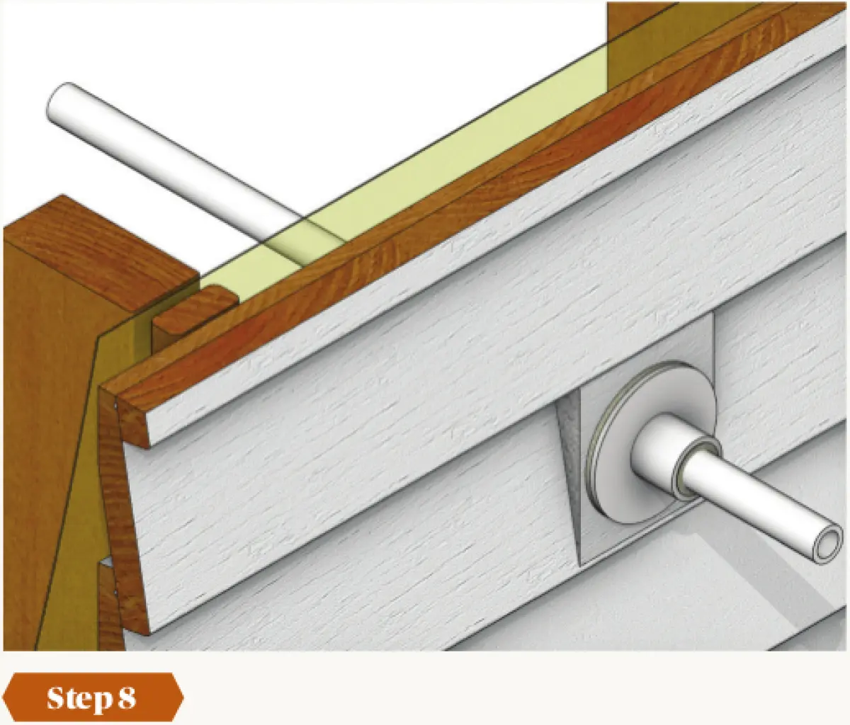 Diagram showing wall cladding installed over timber framing, with a pipe passing through the cladding and a circular collar fitted tightly around the pipe at the penetration