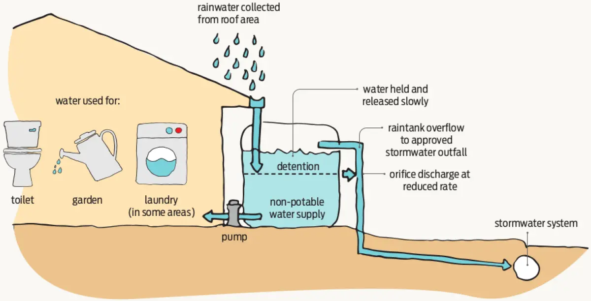 Diagram showing rainwater collected from a roof and stored in a tank for reuse and controlled discharge