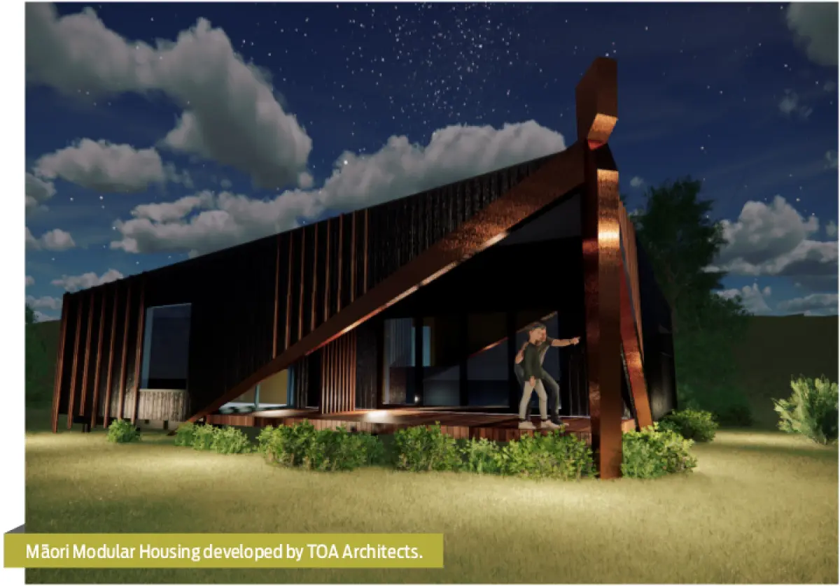 An image of a 3D model of Maori modular housing developed by TOA architects