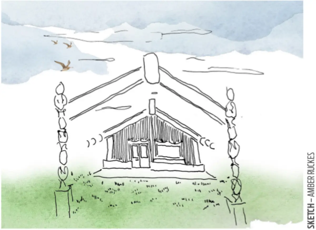 A drawing of a Wharenui (meeting houses)