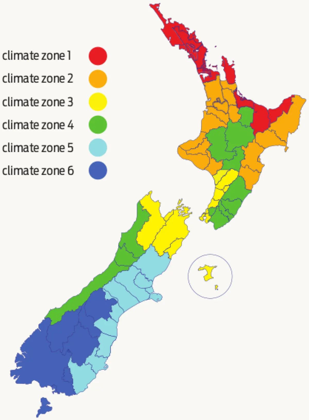Map showing New Zealand divided into colour‑coded climate zones