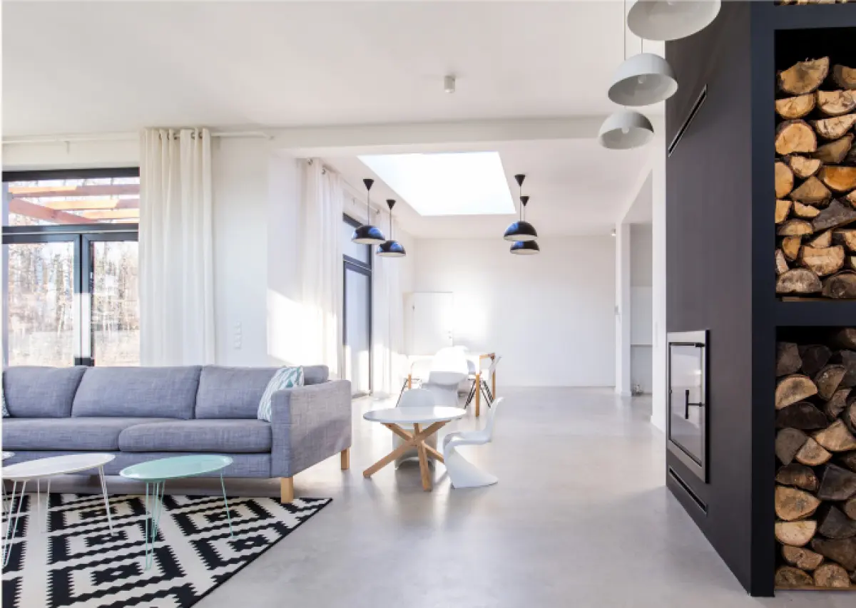 An image of an interior of a house with a concrete floor