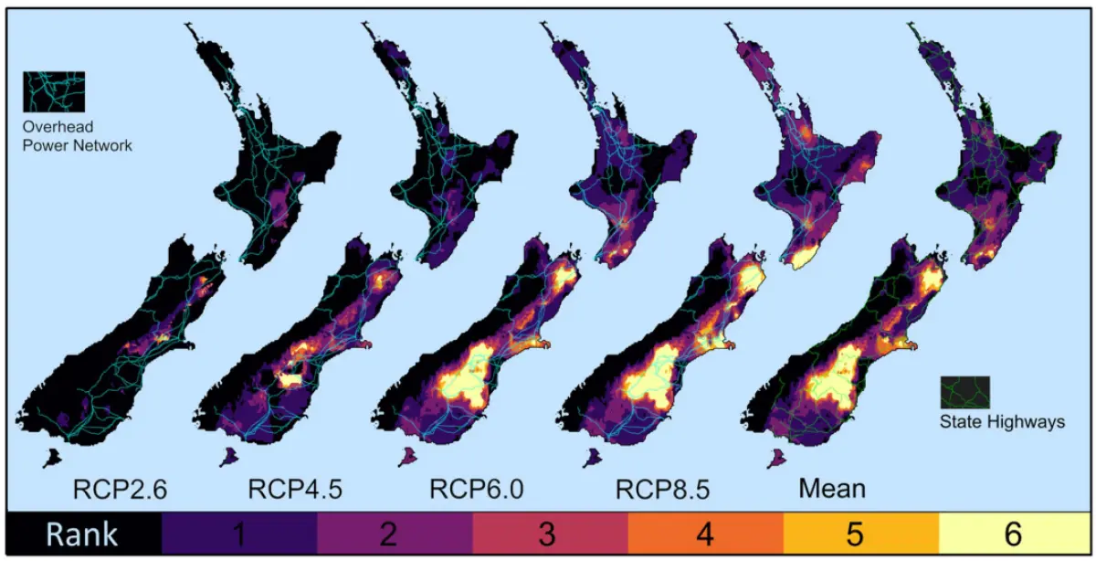 Map of New Zealand showing colour‑coded risk patterns under different climate scenarios