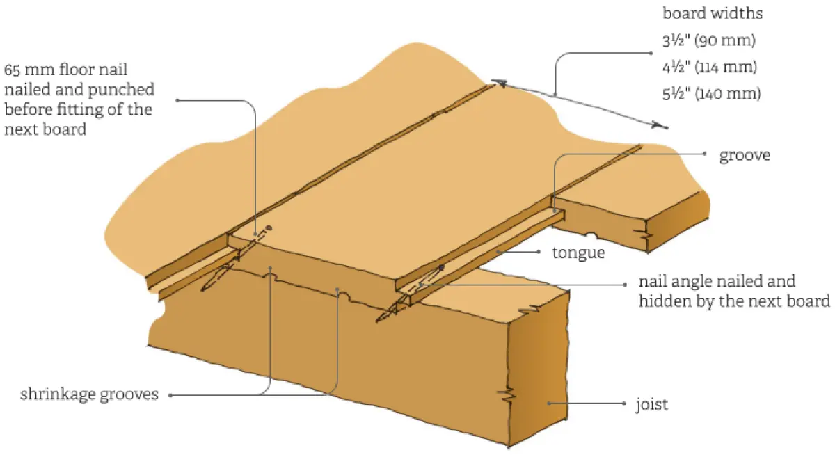A diagram of how nails are intentionally hidden in floorboards