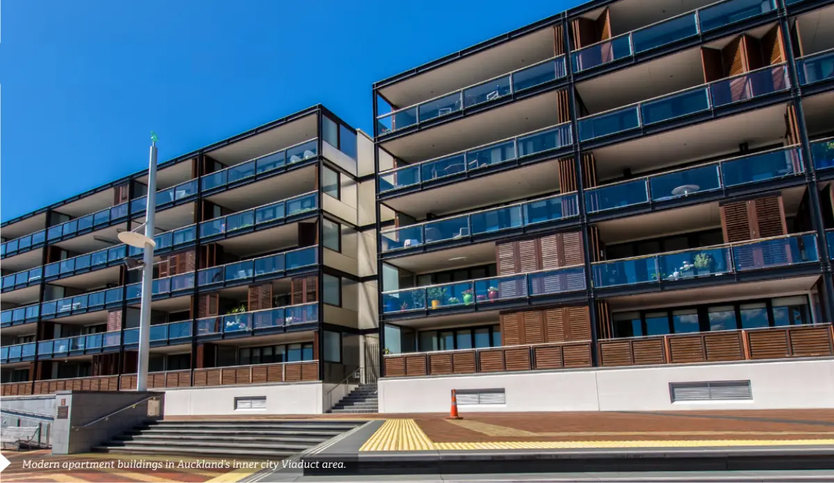 Photograph showing modern multi‑storey apartment buildings with balconies