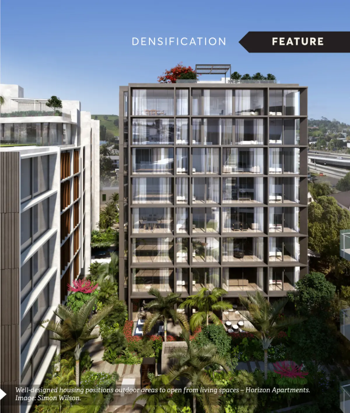 Illustration showing a modern multi‑storey apartment building with balconies and landscaped outdoor areas