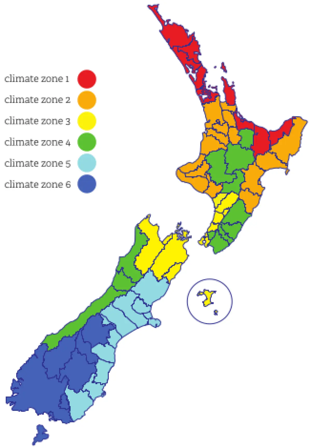 Map of New Zealand divided into colour‑coded climate zones