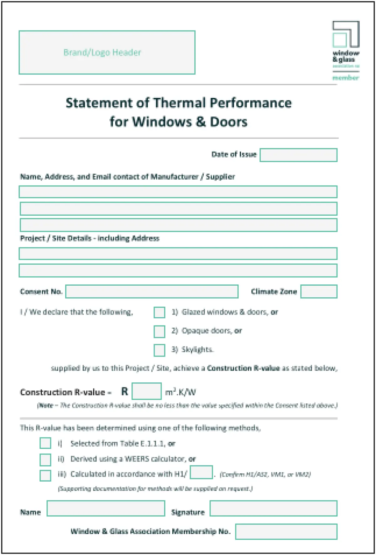 Form titled ‘Statement of Thermal Performance for Windows & Doors’