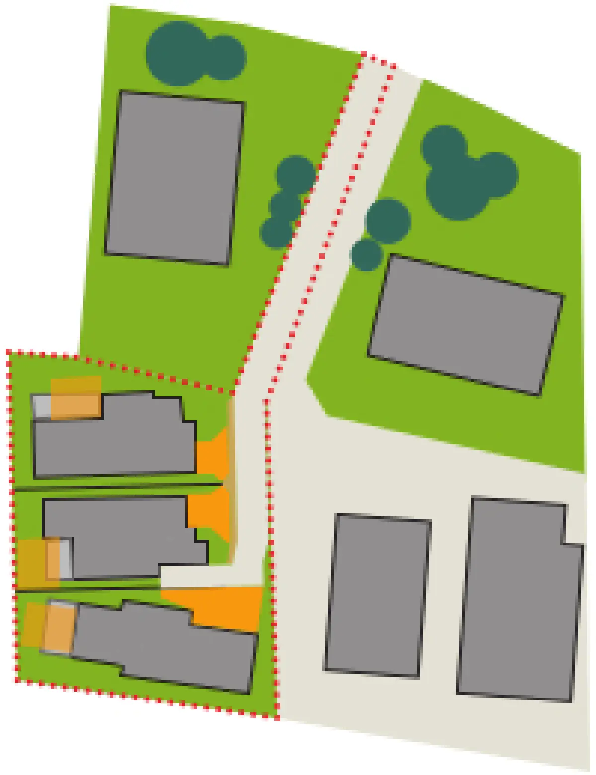 Site plan showing buildings, roads, and a highlighted development area