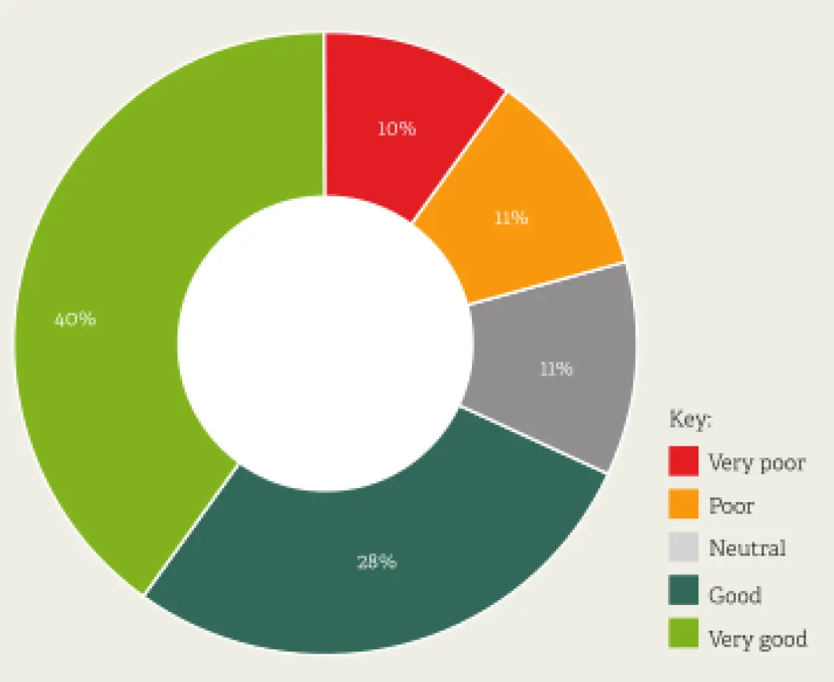 Donut chart showing survey ratings across five categories, with most responses in the higher‑rating groups