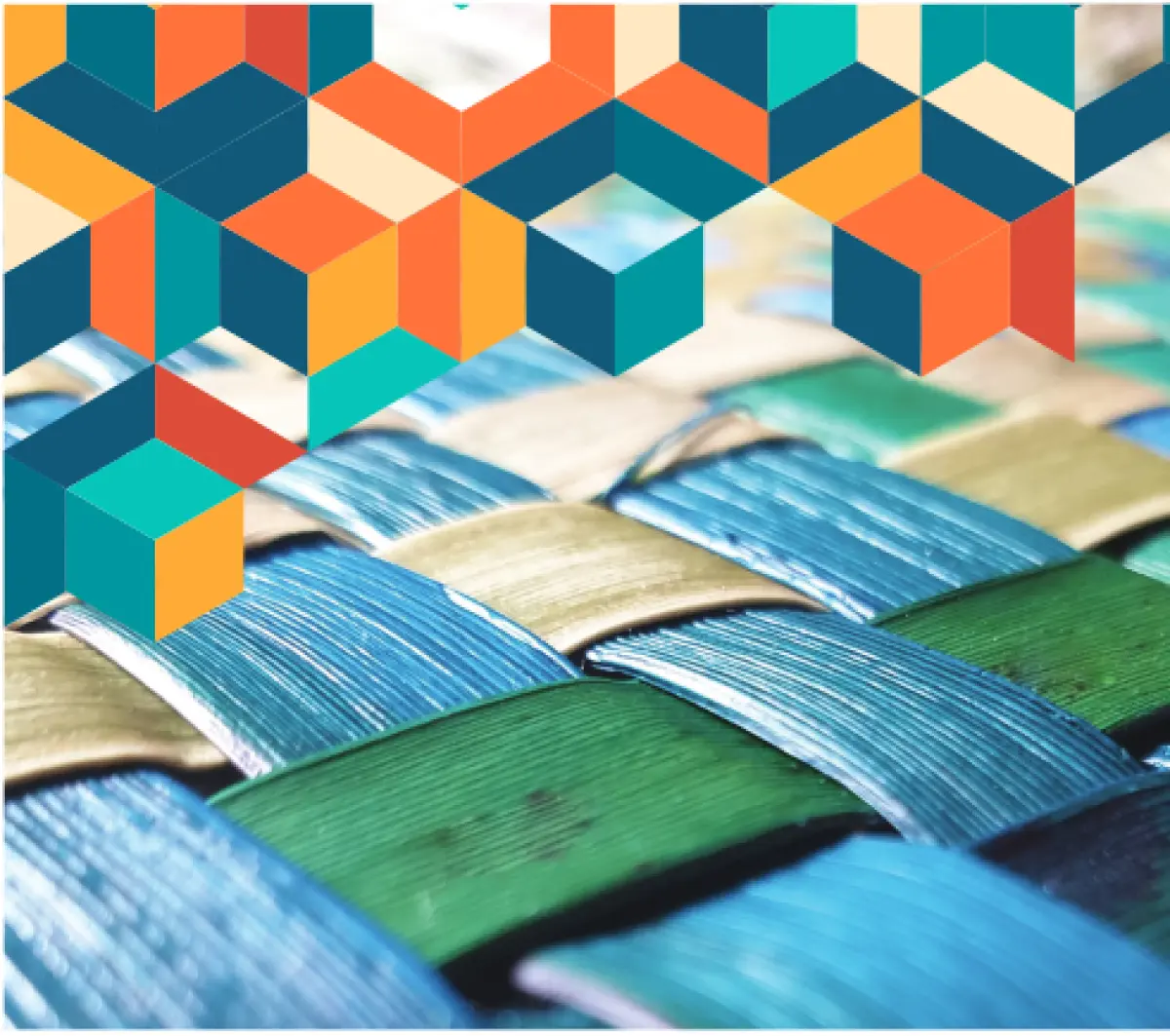 An image of colourful woven fabrics with a cubic pattern digitally superimposed on top