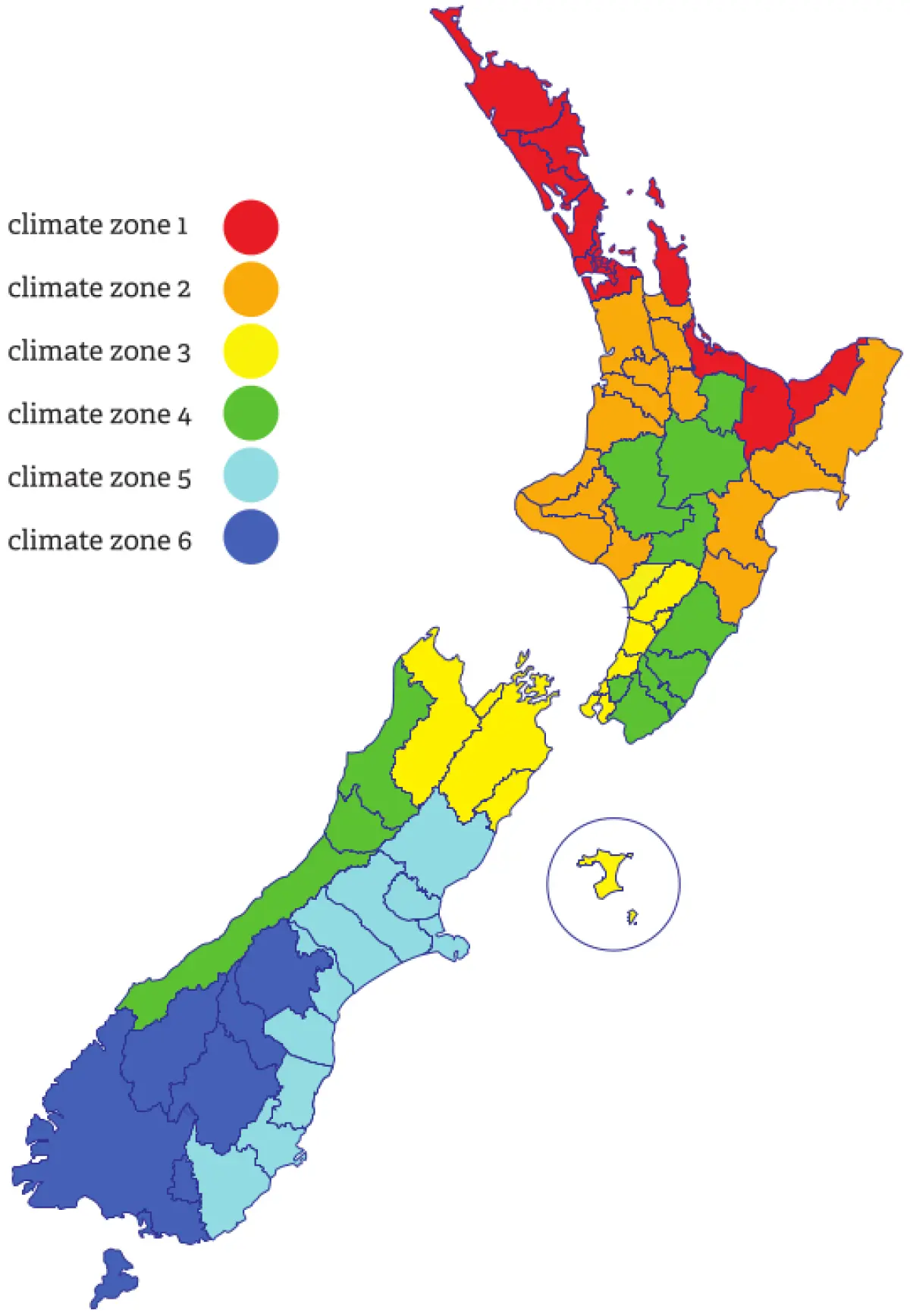 A map of New Zealand highlighting climate zones