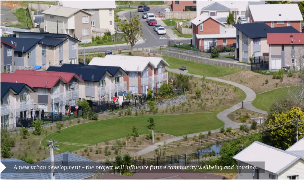 Photograph showing a residential development with houses arranged around shared green spaces and paths