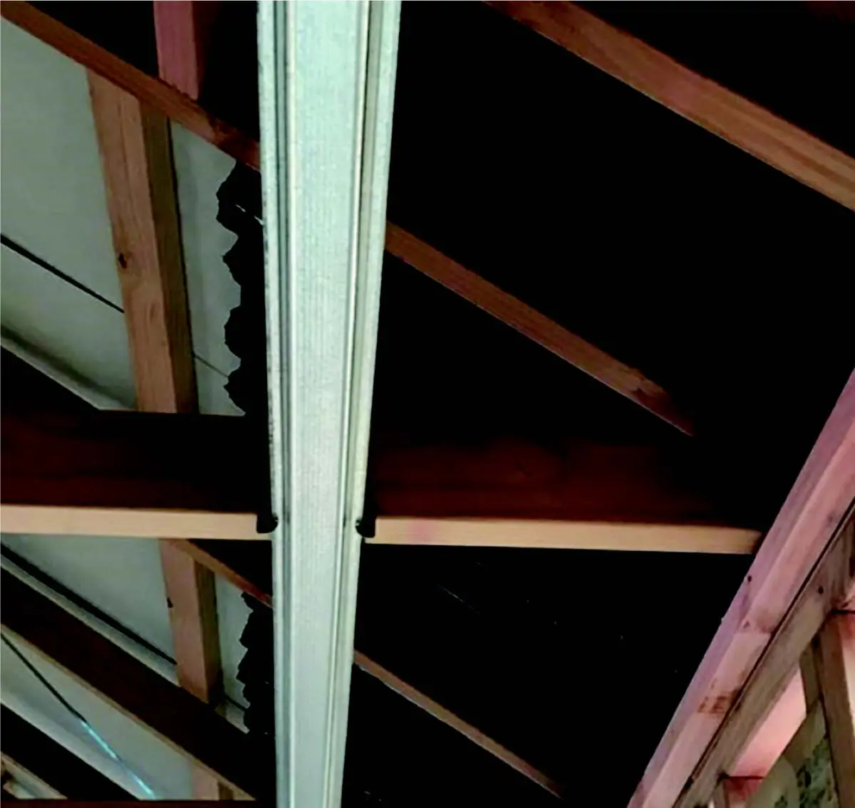 Photograph showing roof framing viewed from below with exposed timber members