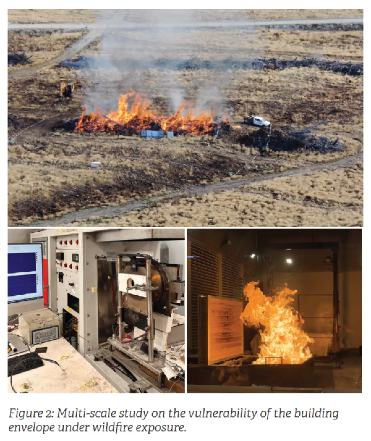 Three photos showing wildfire testing, including an outdoor ground fire and indoor fire experiments on building materials