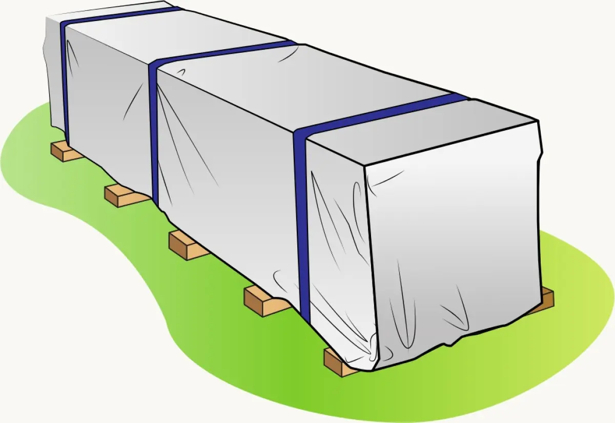Wrapped cover boards secured with straps and placed on wooden pallets