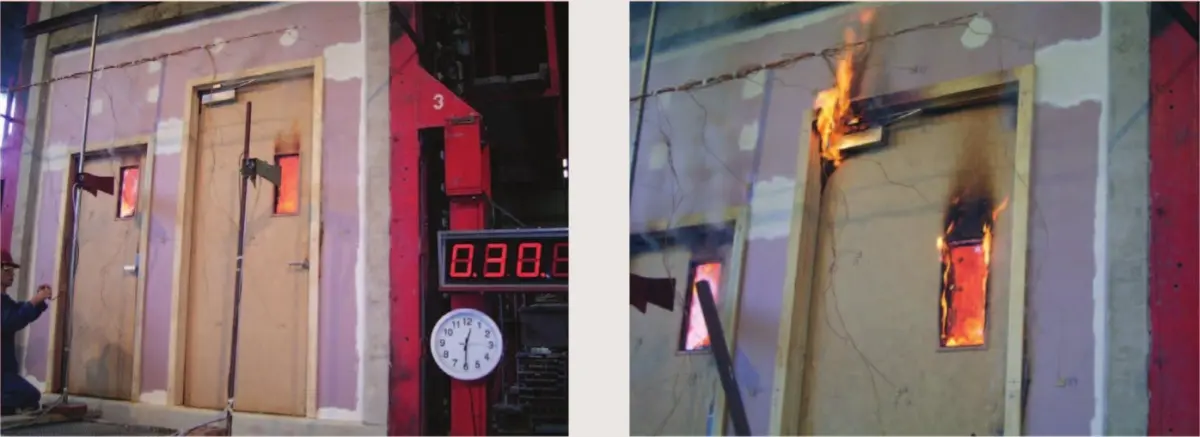 Two side‑by‑side photographs showing a wall with a closed door and small window, with the second image showing flames emerging from the door opening