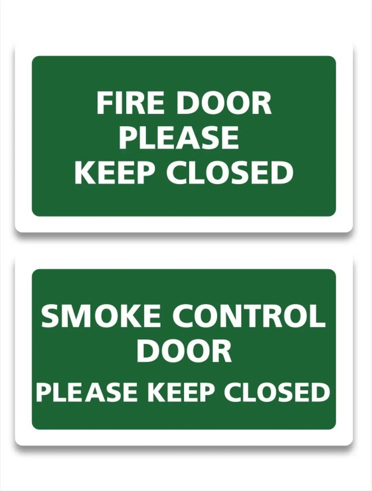 Photograph showing two green signs with white text reading ‘Fire door please keep closed’ and ‘Smoke control door please keep closed