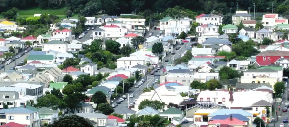 Aerial photograph showing a residential neighbourhood with rows of houses