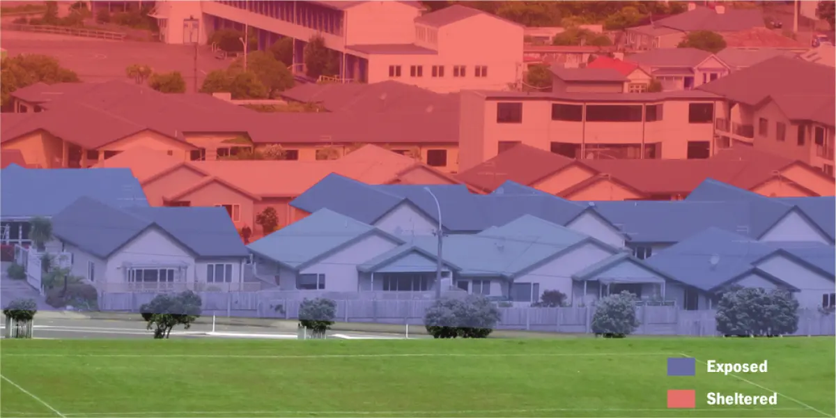 Aerial photograph showing houses with colour overlays indicating exposed and sheltered areas