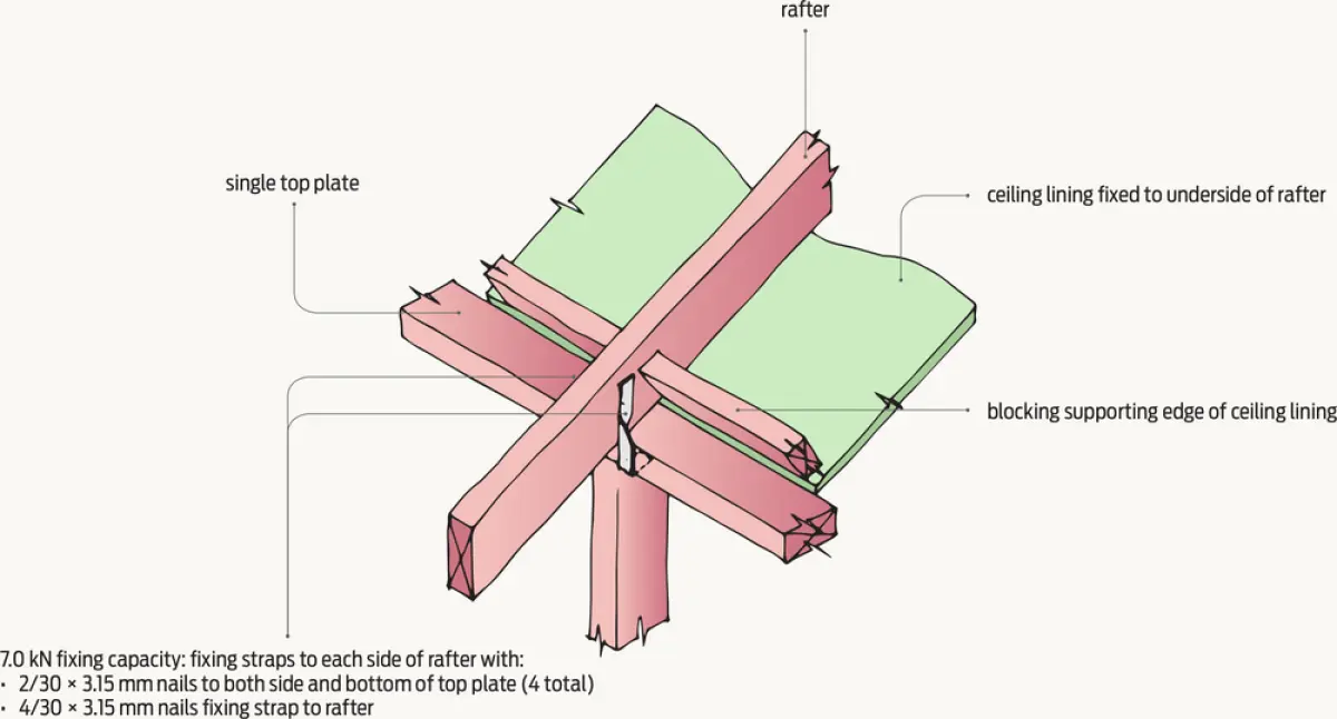 A diagram of Rafter to single top plate fixing – skillion roof