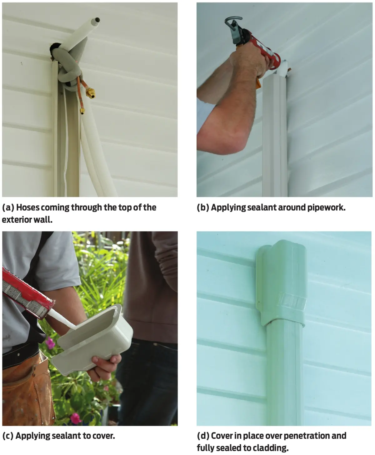 Four photographs showing hoses passing through an exterior wall, sealant being applied around the penetration, a cover being sealed, and the finished cover fixed in place over the wall cladding
