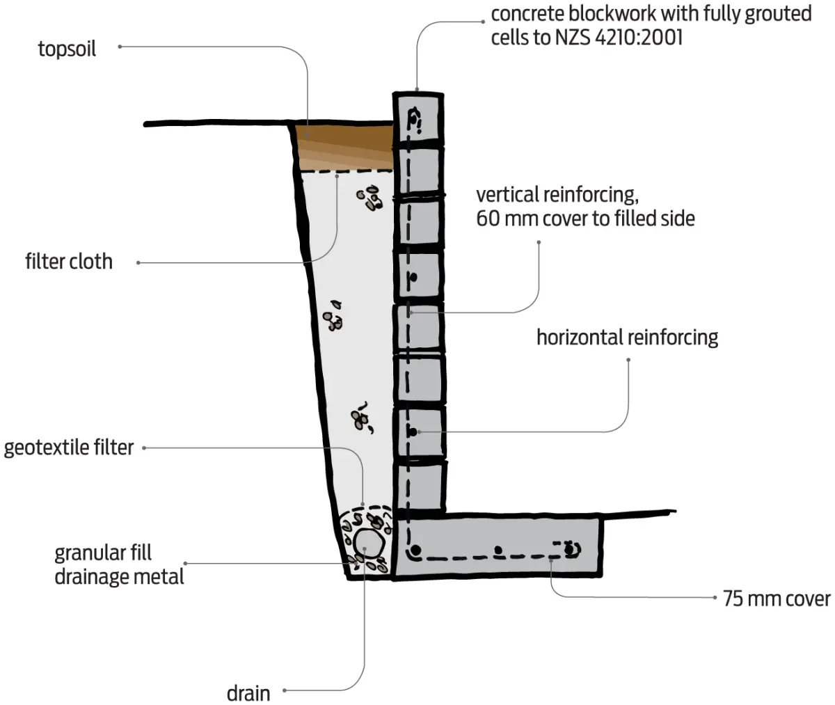 Diagram of a reinforced concrete block retaining wall with drainage