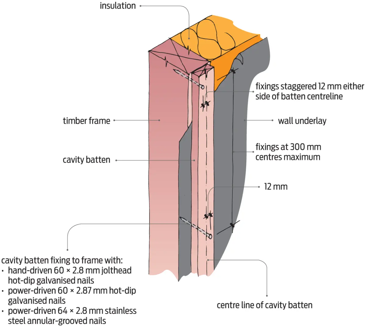 Diagram showing how a timber cavity batten is fixed to a timber frame behind wall cladding
