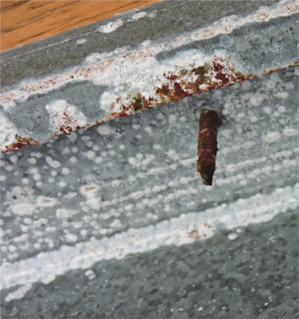 A photo of a close up of Inline galvanised purlins with a heavy build-up of white and red rust