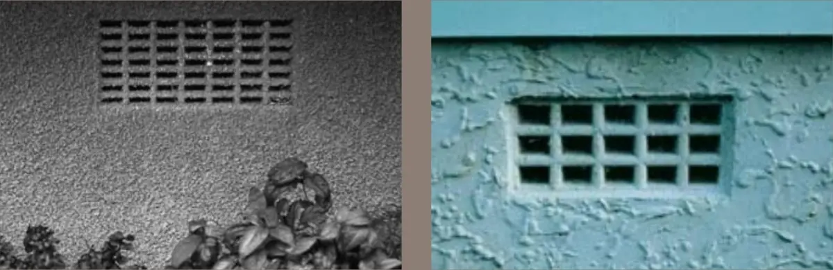 Two images of vents in concrete foundations, one vent has denser grating