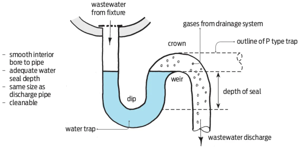Diagram showing a P‑type water trap with a U‑shaped bend holding water, indicating wastewater flow from a fixture, seal depth, and discharge out of the trap