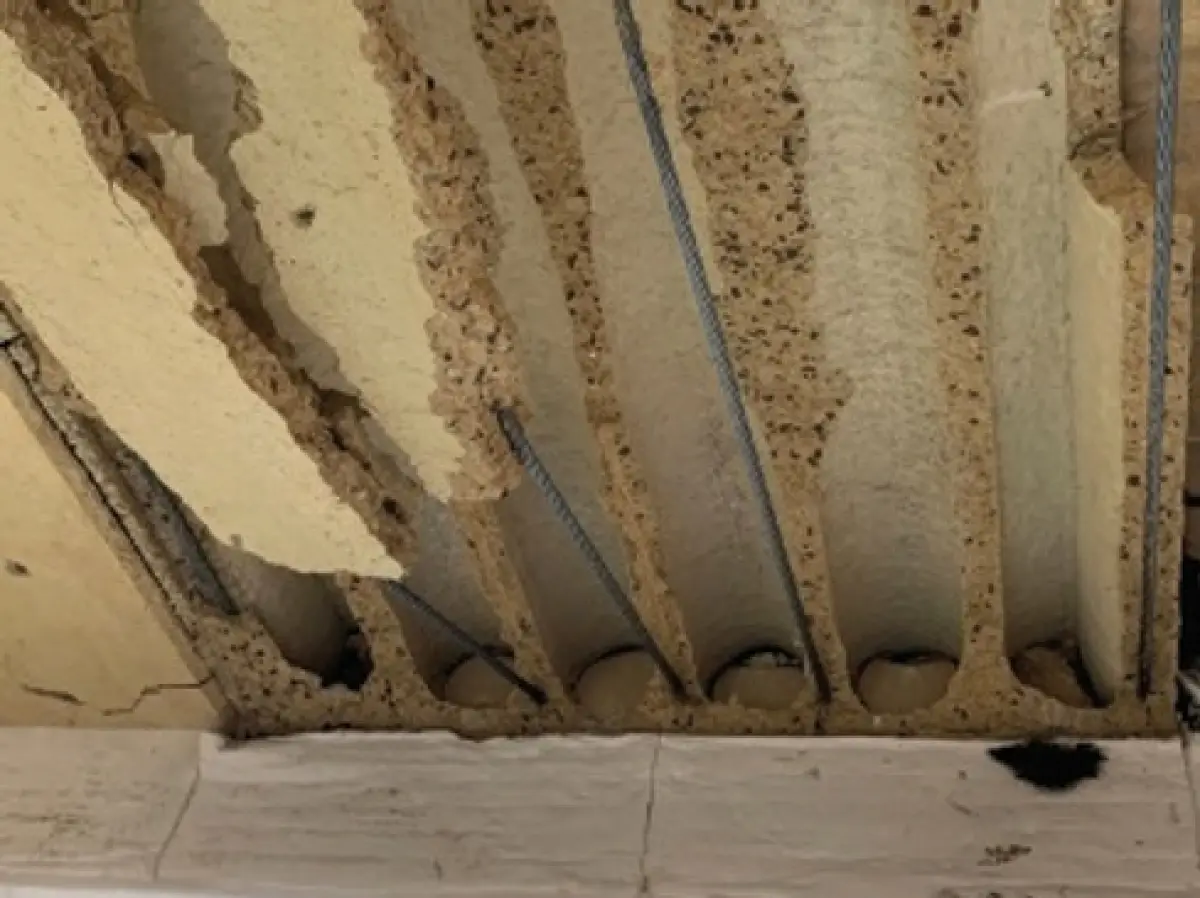 Photograph showing the underside of a concrete floor slab with exposed ribs, rough surfaces, and areas of missing or damaged material