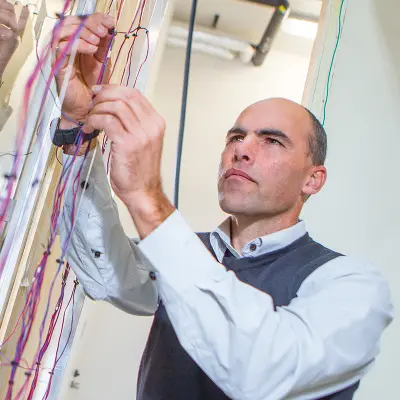 Building materials scientist working on building materials research in a lab