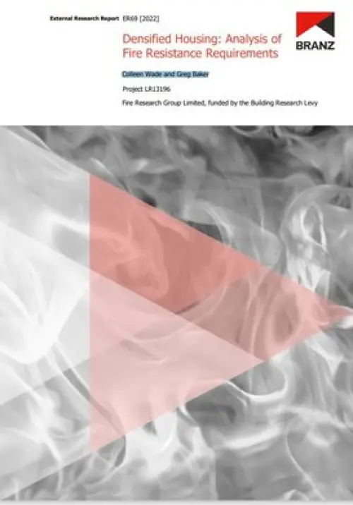 Cover page of a BRANZ external research report titled ‘Densified Housing: Analysis of Fire Resistance Requirements’