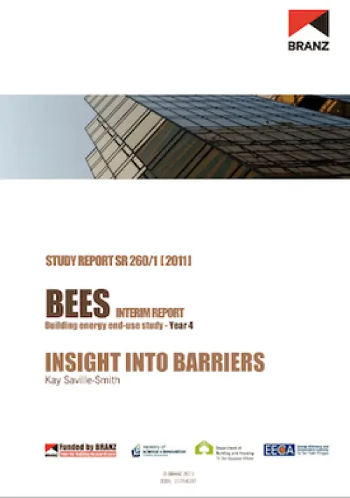 Image of the cover page of BEES INTERIM REPORT Building energy end-use study - Year 4  INSIGHT INTO BARRIERS, contains worm eye view of the side of a tall glass tower