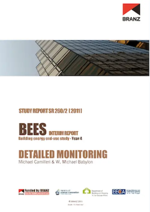 image of the front page of BEES INTERIM REPORT Building energy end-use study - Year 4  DETAILED MONITORING, contains and image of a worms eye view of the side of a glass tower